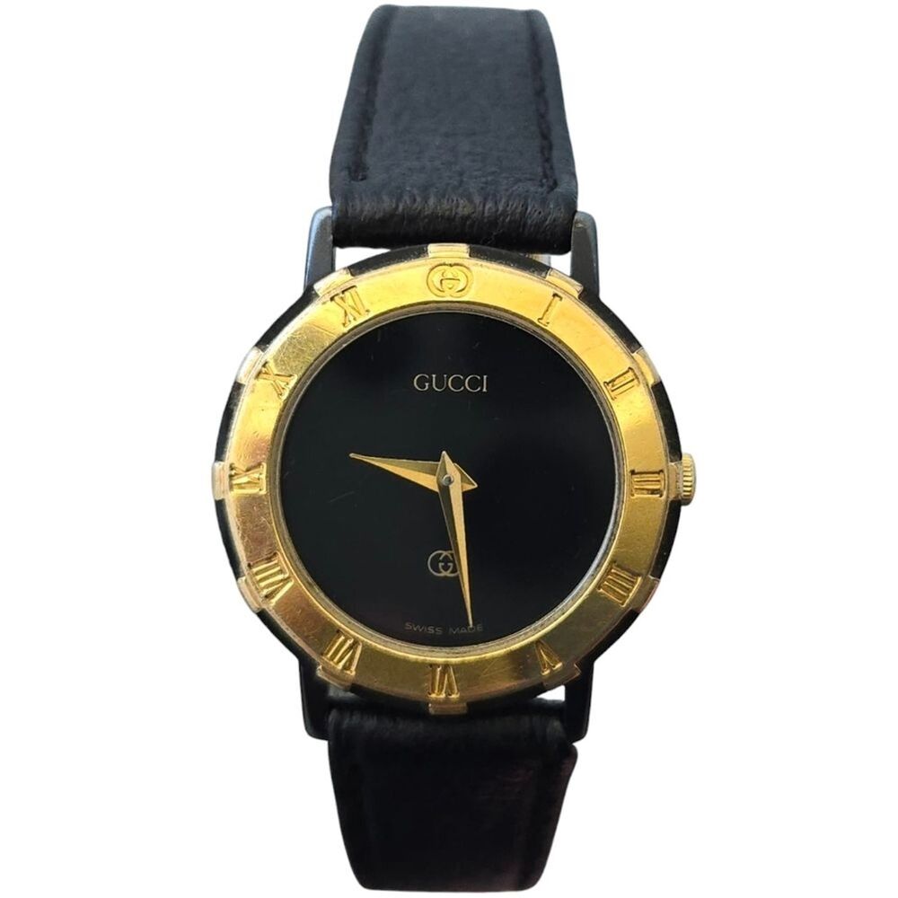 Vintage Gucci 3200L Women's Watch Gold Plated Roman Bezel Black Dial Swiss Made - Picture 2 of 7
